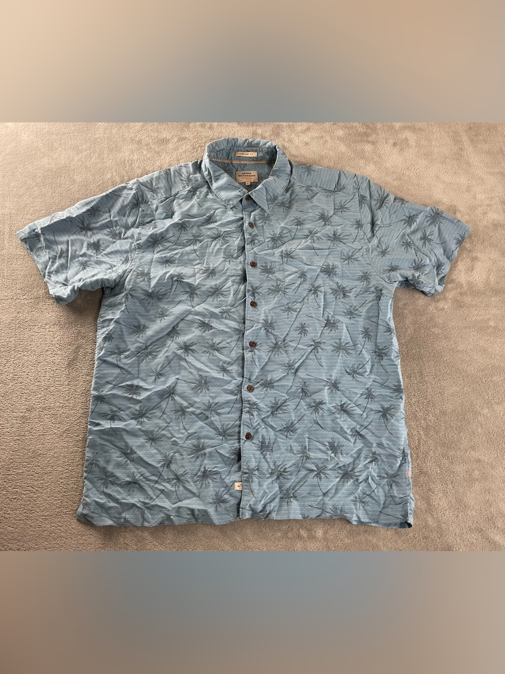 Quiksilver Waterman Collection Shirt Men XL Blue Hawaiian Beach Palm Comfort Fit